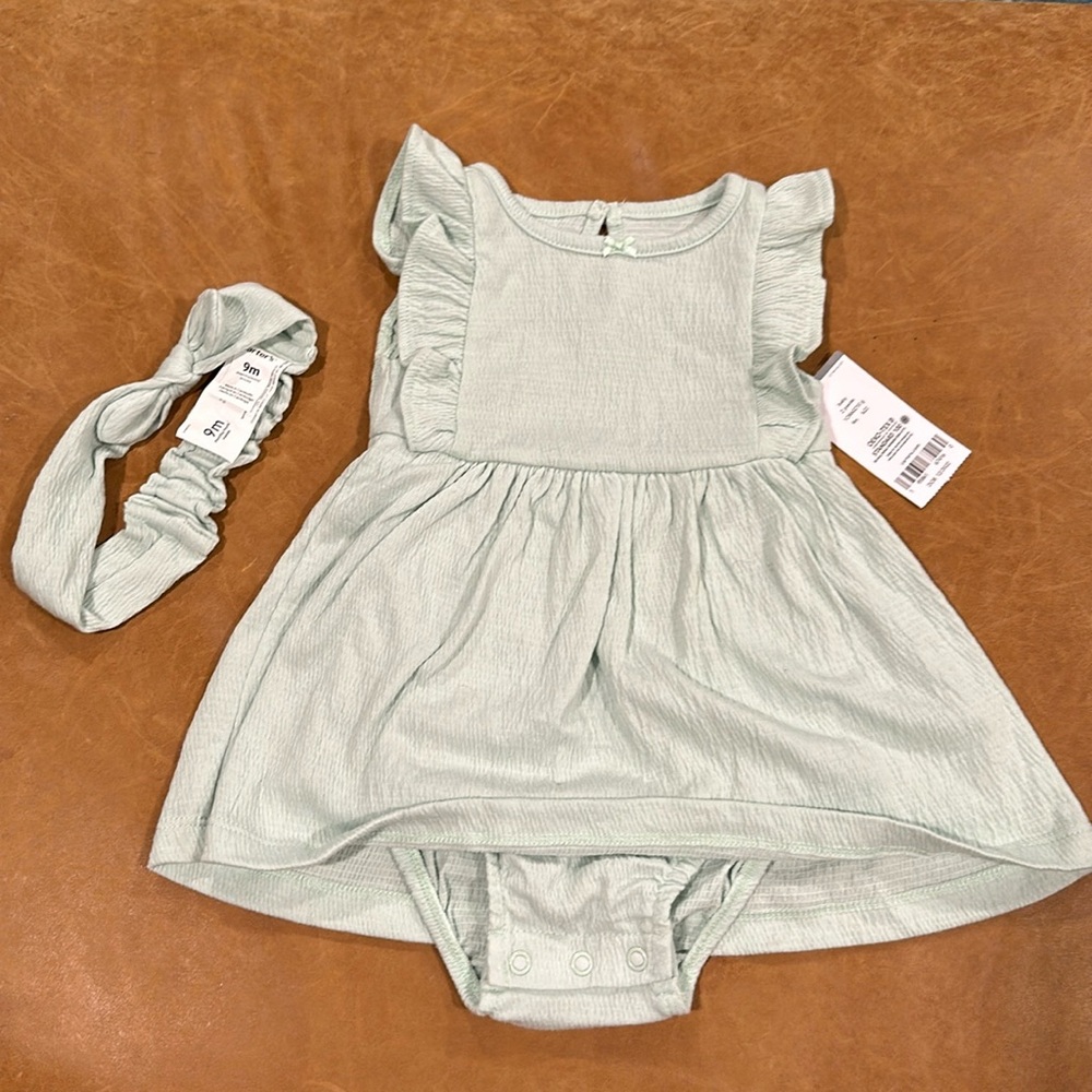 NWT: Mint Green Onesie Dress w/ Headband - 9 Months - Carters